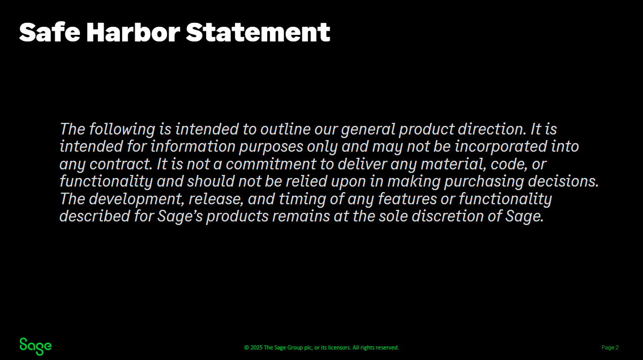 Sage People FY25 product roadmap, slide 2 of 11: safe harbor statement. 